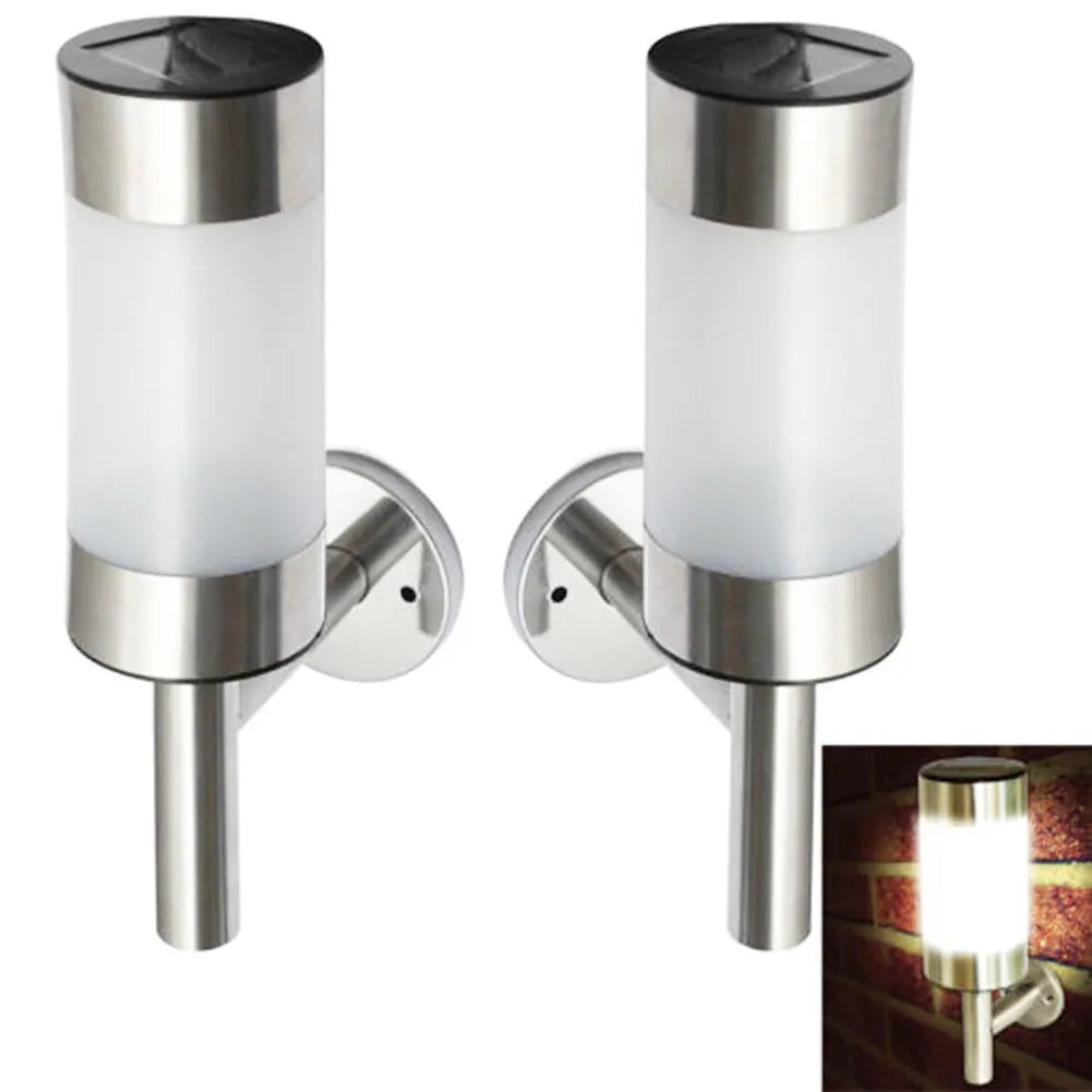 White solar garden wall light with stainless steel mounting bracket measuring 25cm tall
