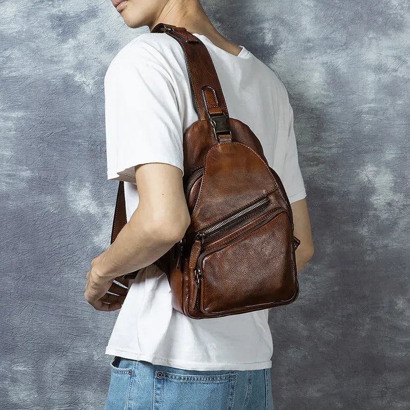 Men's genuine leather retro hand-rubbed crossbody messenger bag 8 inch large capacity black colour