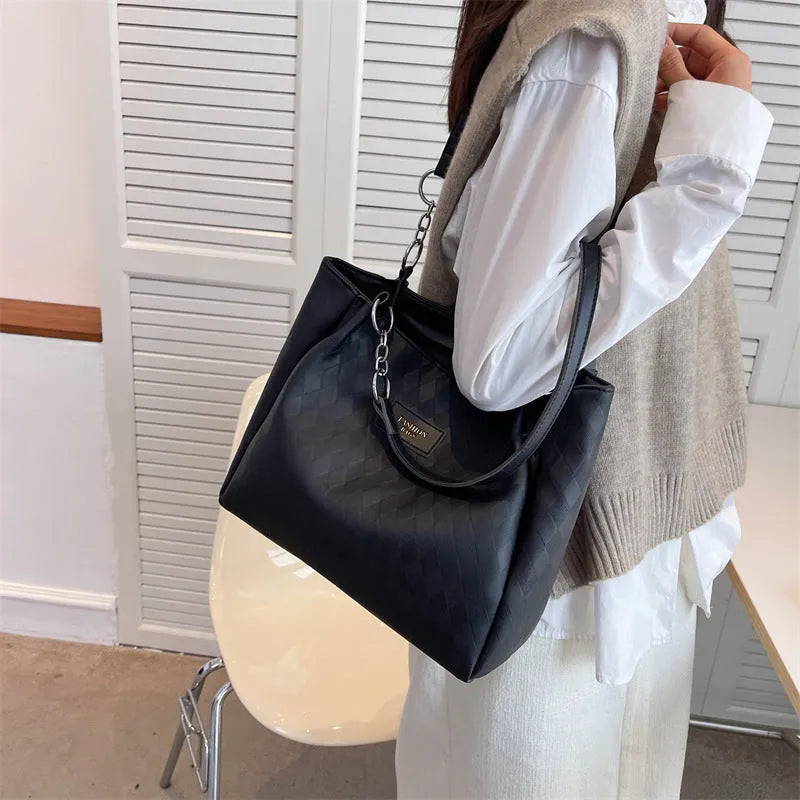 Rhombus pattern PU shoulder bag with chain strap and tote handles, 30cm width, colour contrast design, black