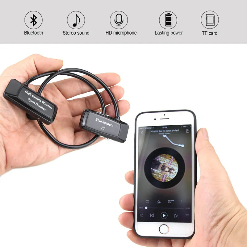 F5 wireless Bluetooth headset with hanging ear design in black
