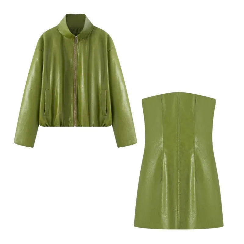 Green PU leather jacket and strapless dress set in cotton polyester, sizes S M L, street hipster style