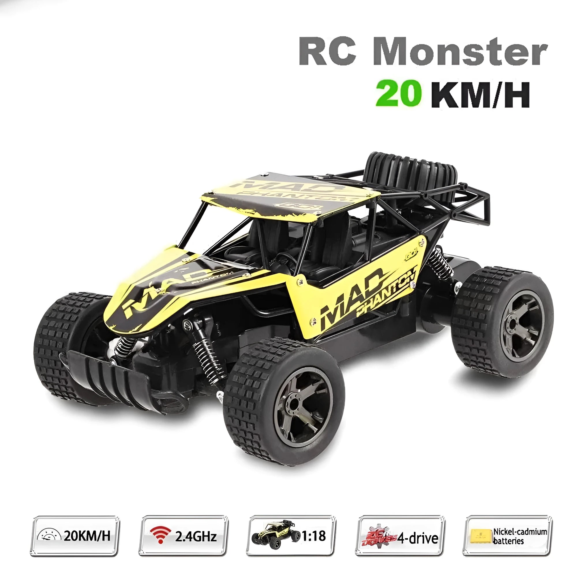 Blue and yellow 1:18 scale RC drift car with 2.4G remote control on charging cable