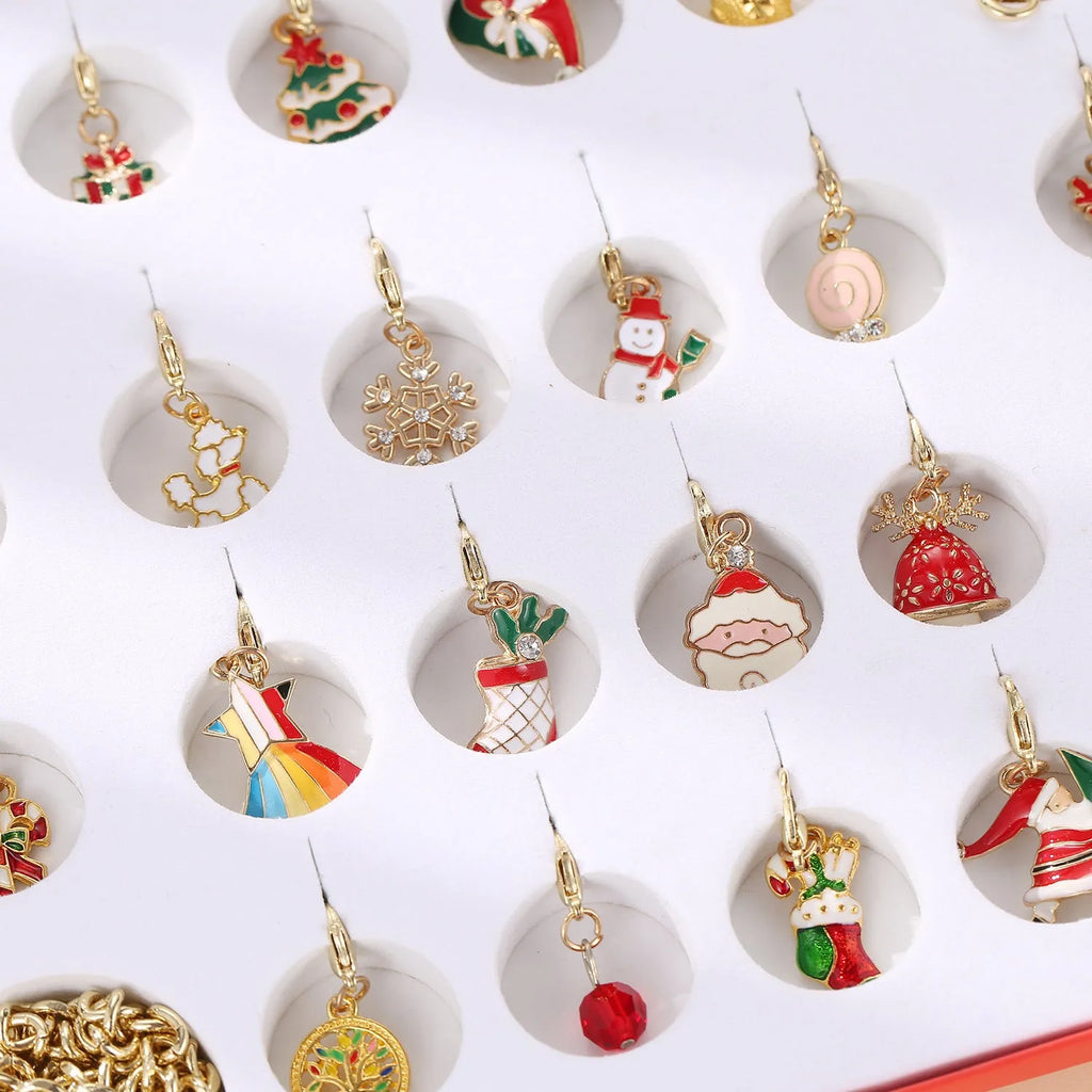 Red Christmas advent calendar DIY charm bracelet and necklace making kit with 22 mini alloy charms and beads, 21cm x 16cm x 1.8cm