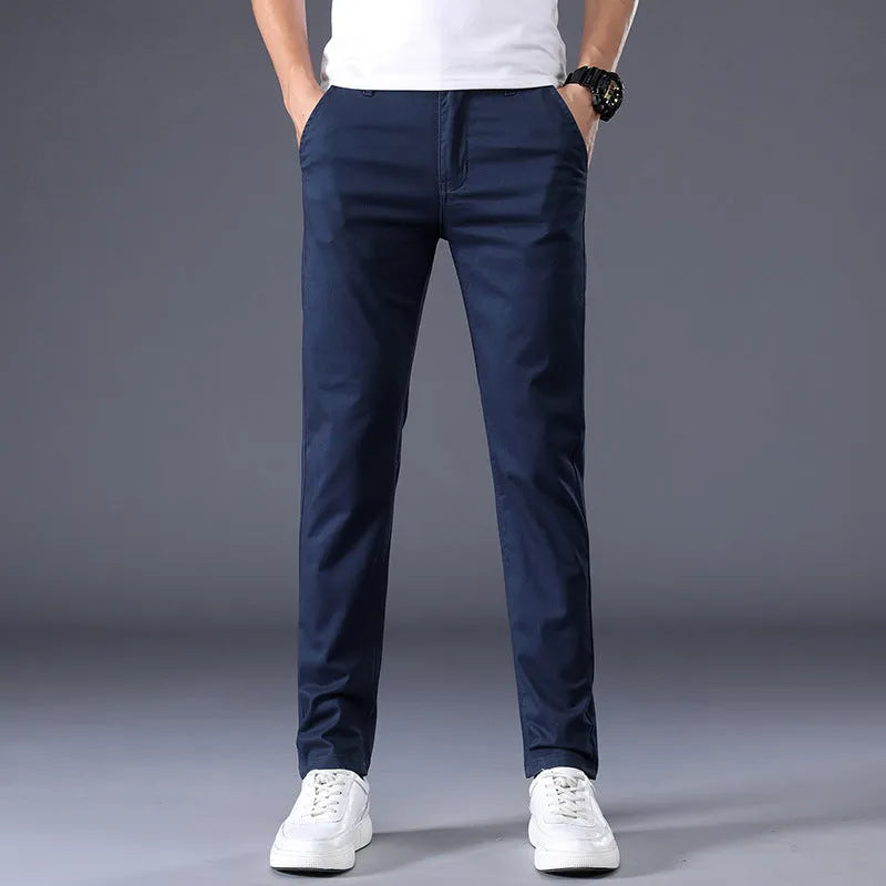 Men's solid color casual trousers, straight leg, mid waist, cotton, micro elasticity, available in multiple colors