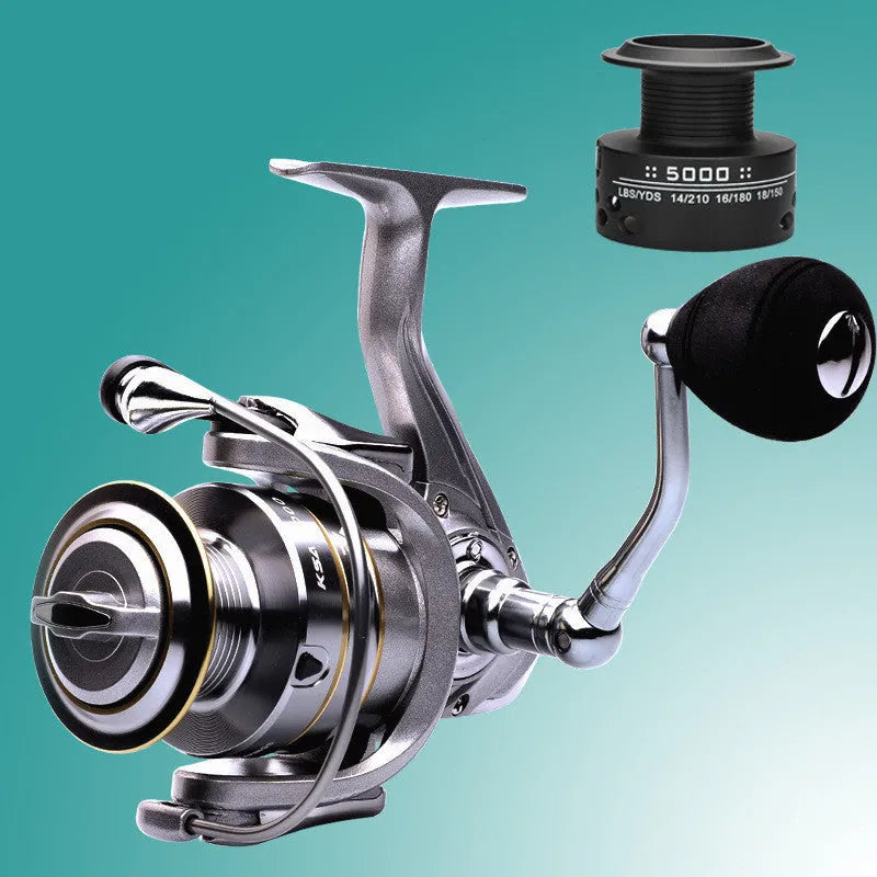 Silver sub fishing line wheel spinning reel with metal wire cup, folding rocker arm and copper gear bar, sizes KSA1000 to KSA5000