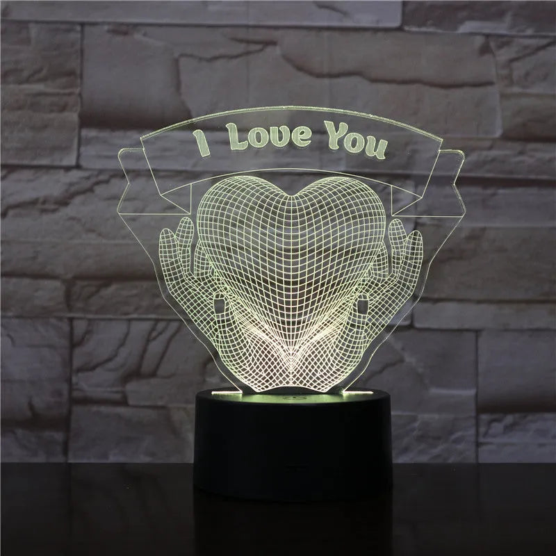 3D night light with hands holding love heart design, acrylic board, ABS base, seven colours