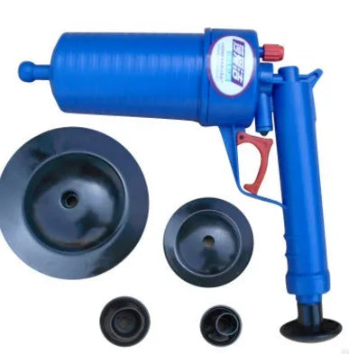Manual high-pressure drain blaster gun with four suction adaptors for clearing pipe blockages.