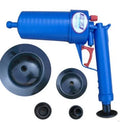 Manual high-pressure drain blaster gun with four suction adaptors for clearing pipe blockages.