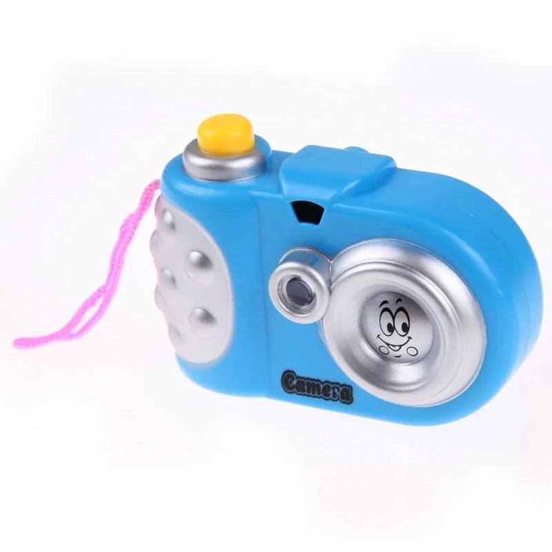 Blue or pink kids plastic projection camera toy with a sliding lens for animal image projection.