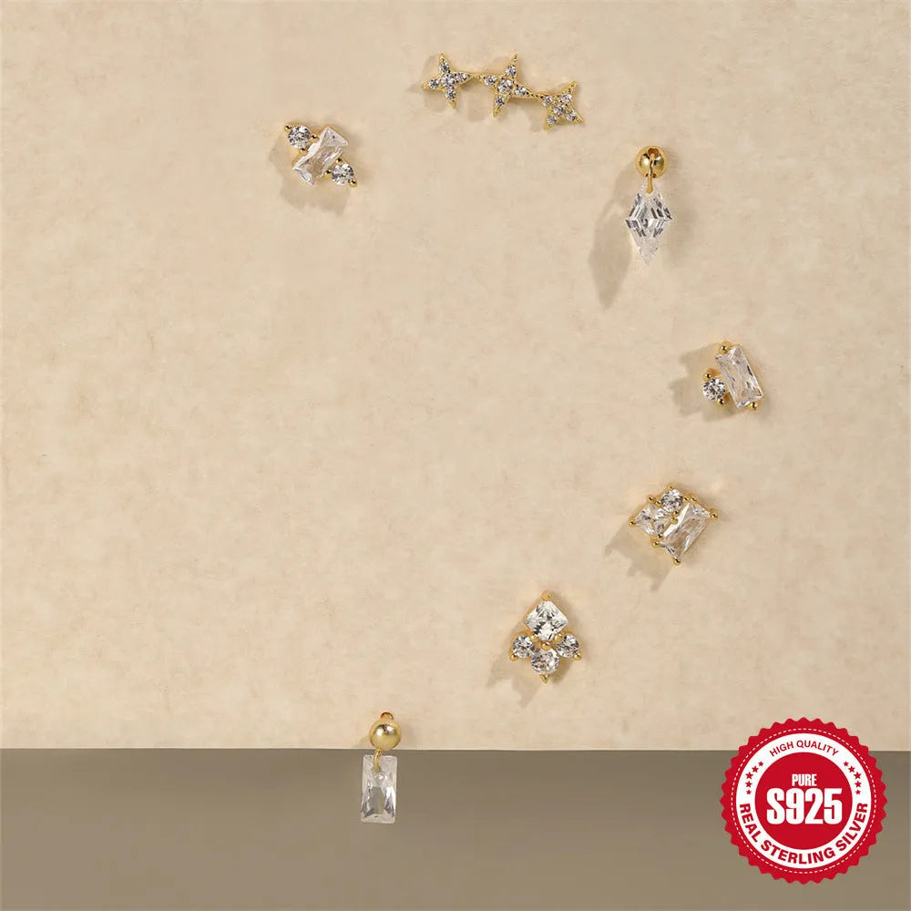 Sterling silver ear studs with square gravel texture on flower shape in golden electroplated finish