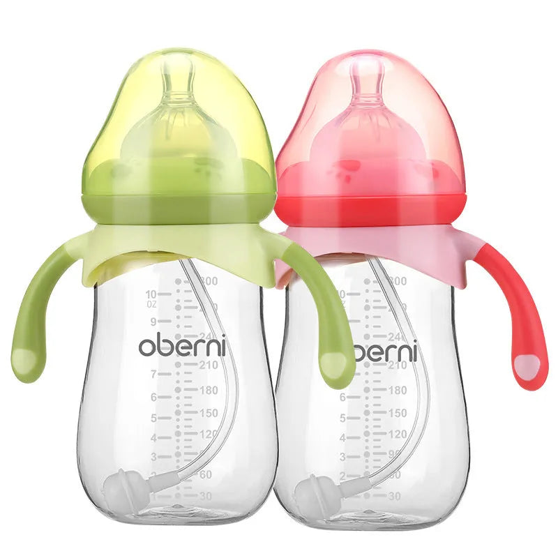 Wide caliber anti-colic baby bottle with handles in blue, green or red colours