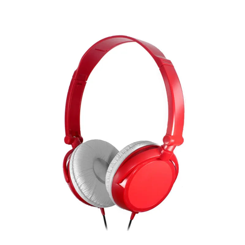 Portable over-ear wired headphones with folding design and adjustable headband in black, red or white colours
