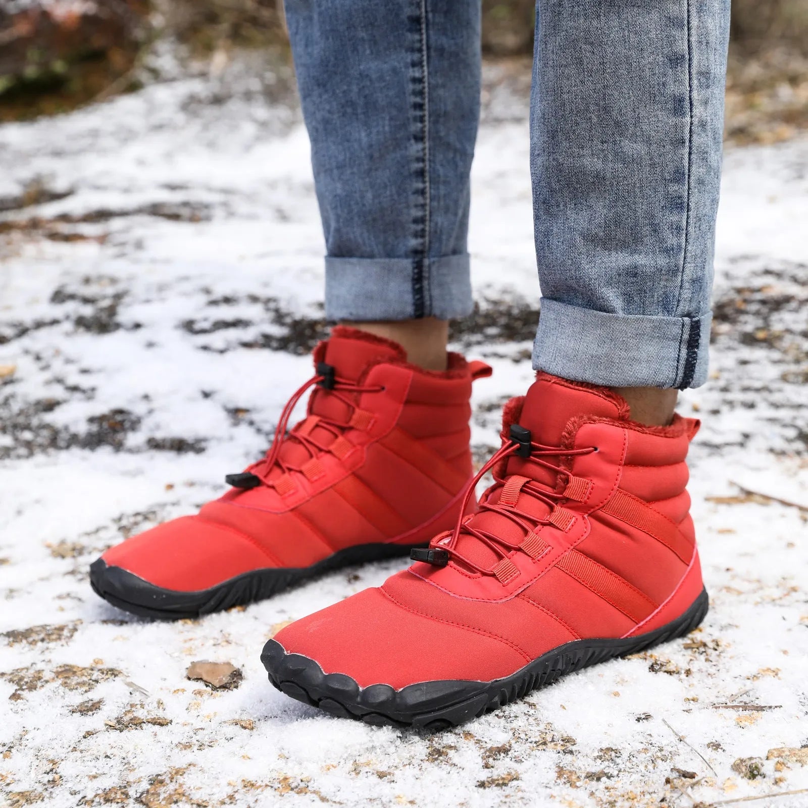 Waterproof five-finger fleece-lined snow boots with a rubber outsole in beige, black, grey, or wine red.