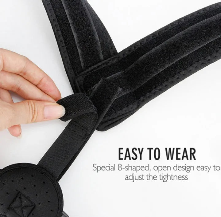 Black breathable posture correction belt with figure 8 design and adjustable straps on a plain background