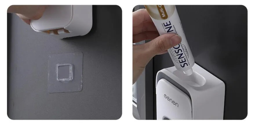 Automatic wall-mounted toothpaste dispenser in blue, grey, or pink colours