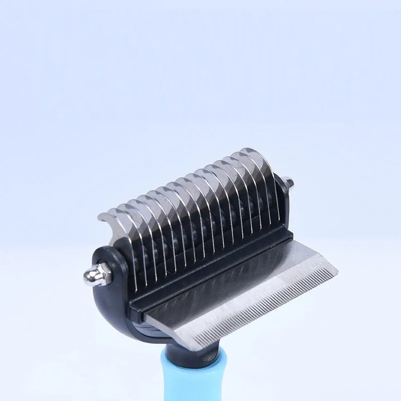 Plastic dual purpose pet comb for removing floating hair and dead knots from dogs and cats, available in blue