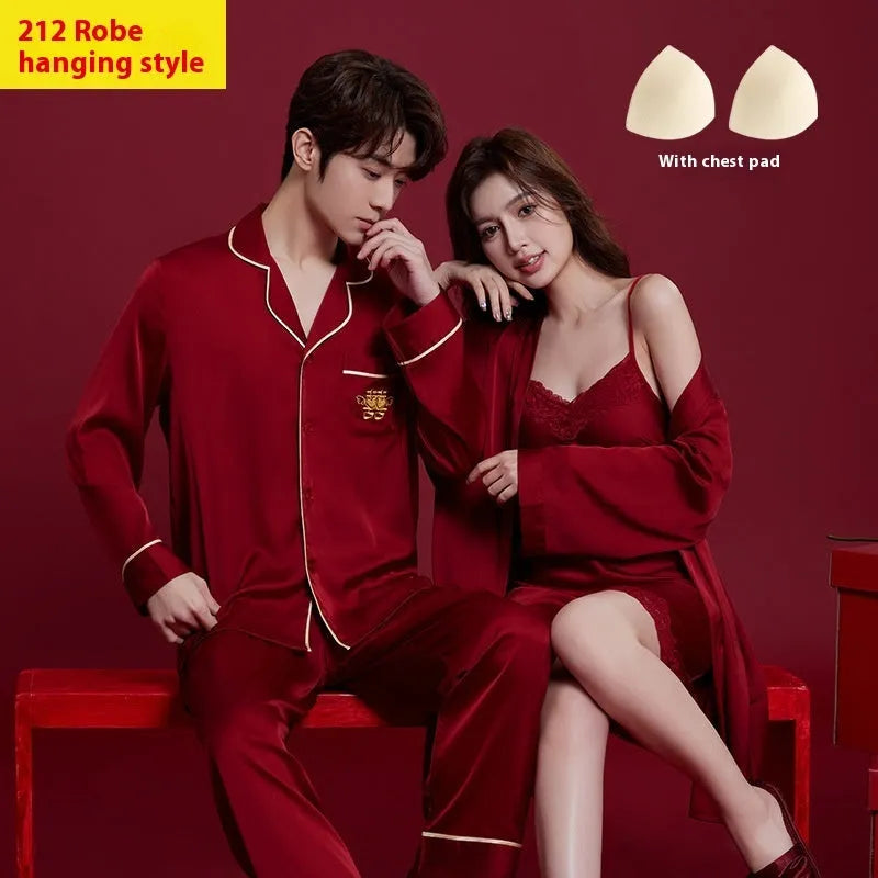 Red ice silk wedding sleepwear set for men and women with long sleeves and trousers
