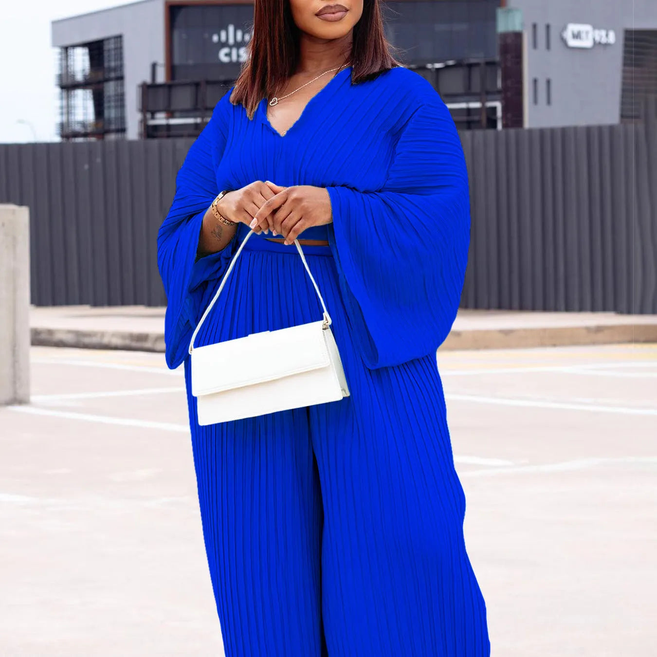African suit set with batwing sleeve top and wide leg trousers in sapphire blue