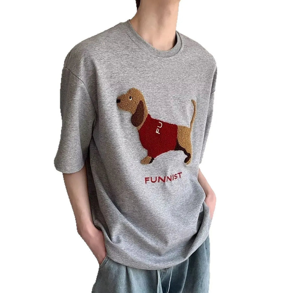 Grey cotton T-shirt for men with an embroidered sausage dog design on the chest.