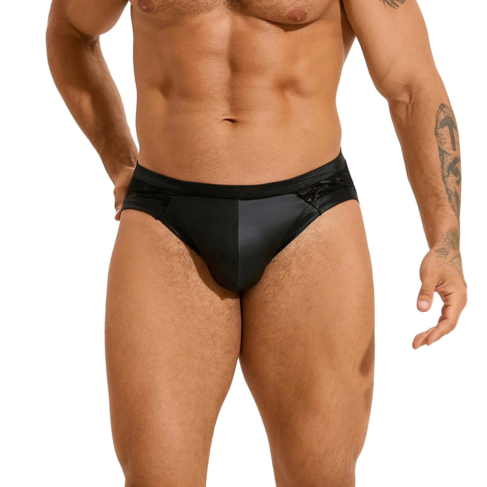 Men's black faux leather briefs with lace-up front detailing and stitching accents