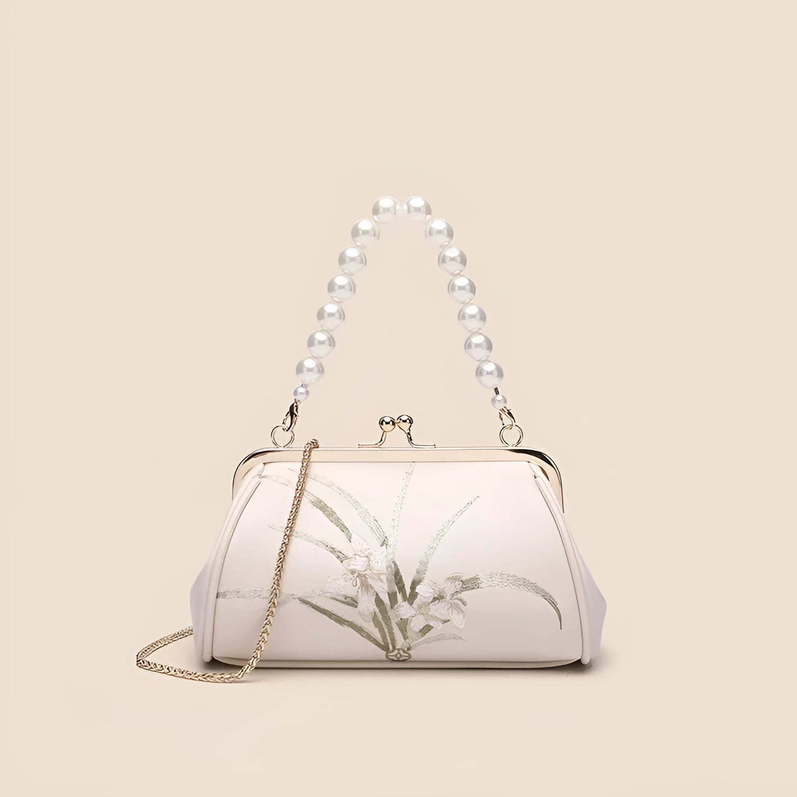 Beige embroidered women's shoulder bag with shell-shaped design in soft PU leather