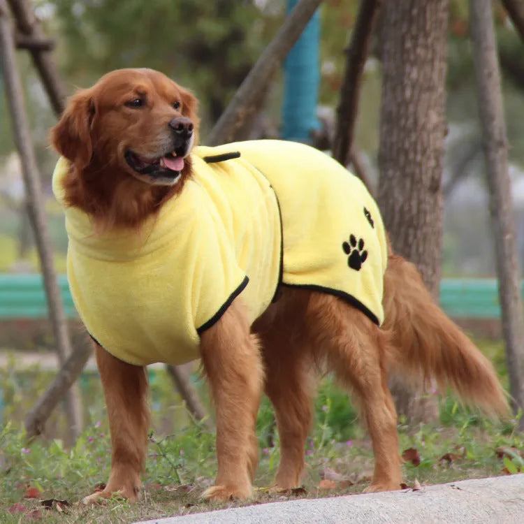 Yellow coral fleece pet pajamas with embroidered bathrobe design on a light background
