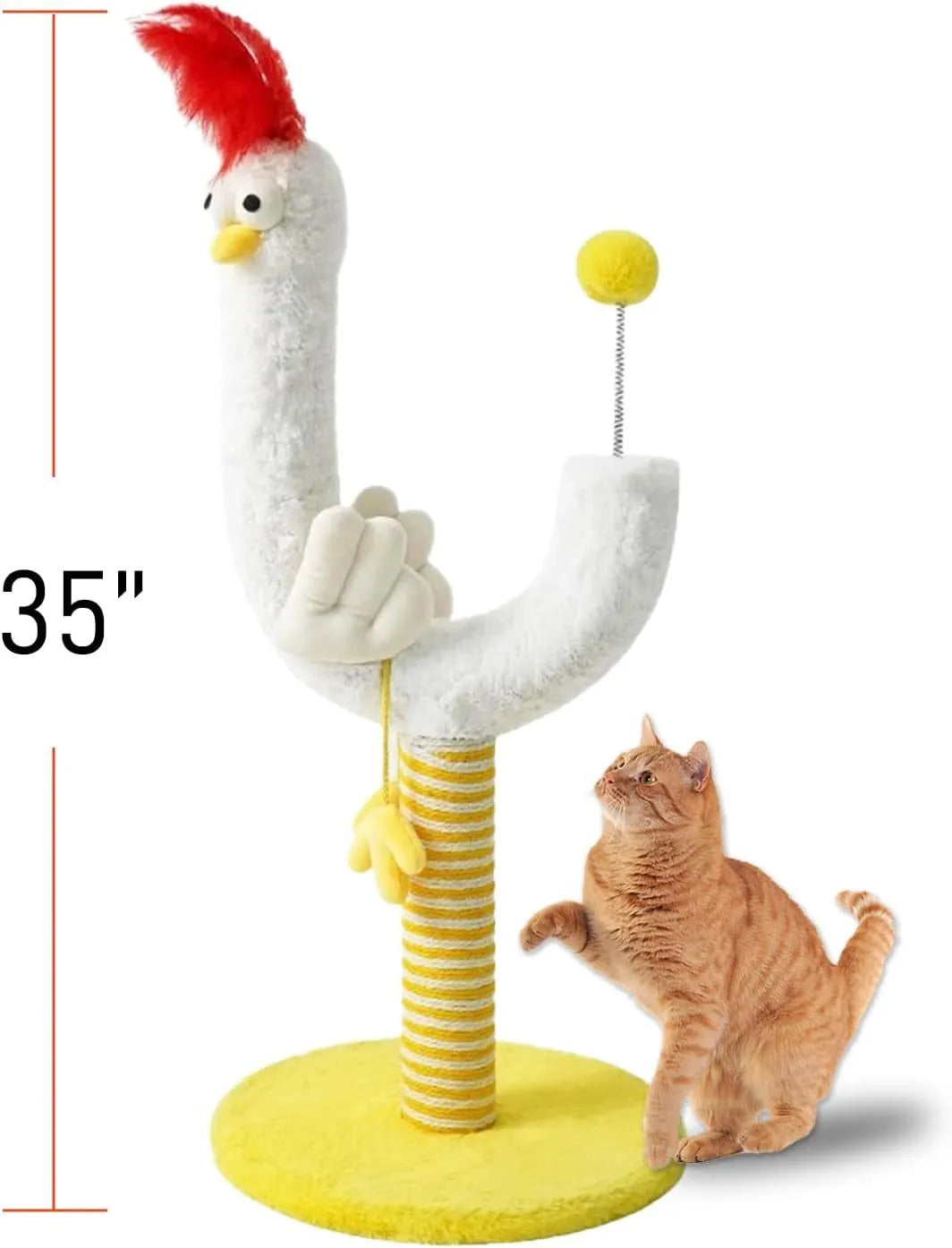 Yellow sisal rope cat scratching post with U-shaped design, spring ball, and solid wood base