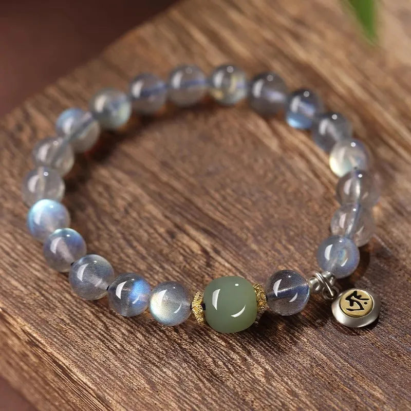 Moonstone birth Buddha bracelet with 8mm bead and Thousand-Hand Kwan-yin mouse zodiac design