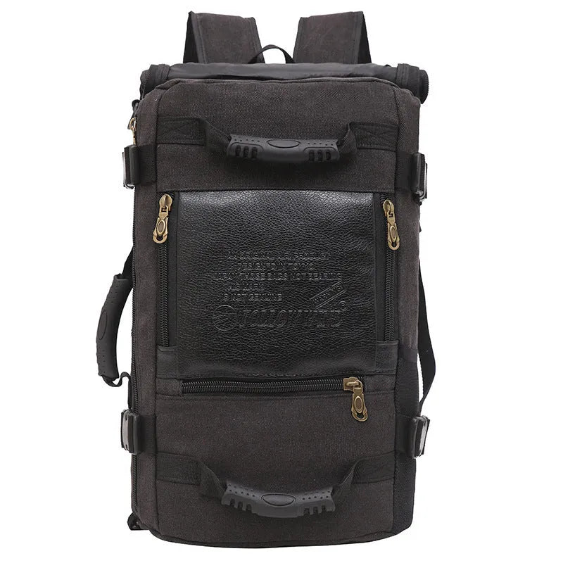 Canvas backpack with square vertical section and side pocket in khaki