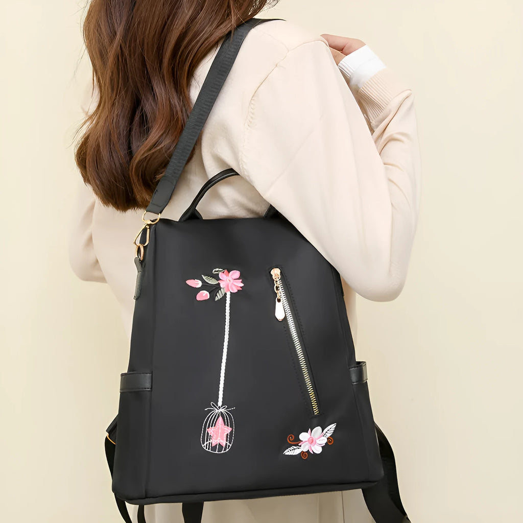 Ethnic style 3D embroidered backpack for women in beige with waterproof Oxford cloth outer and zipper pockets