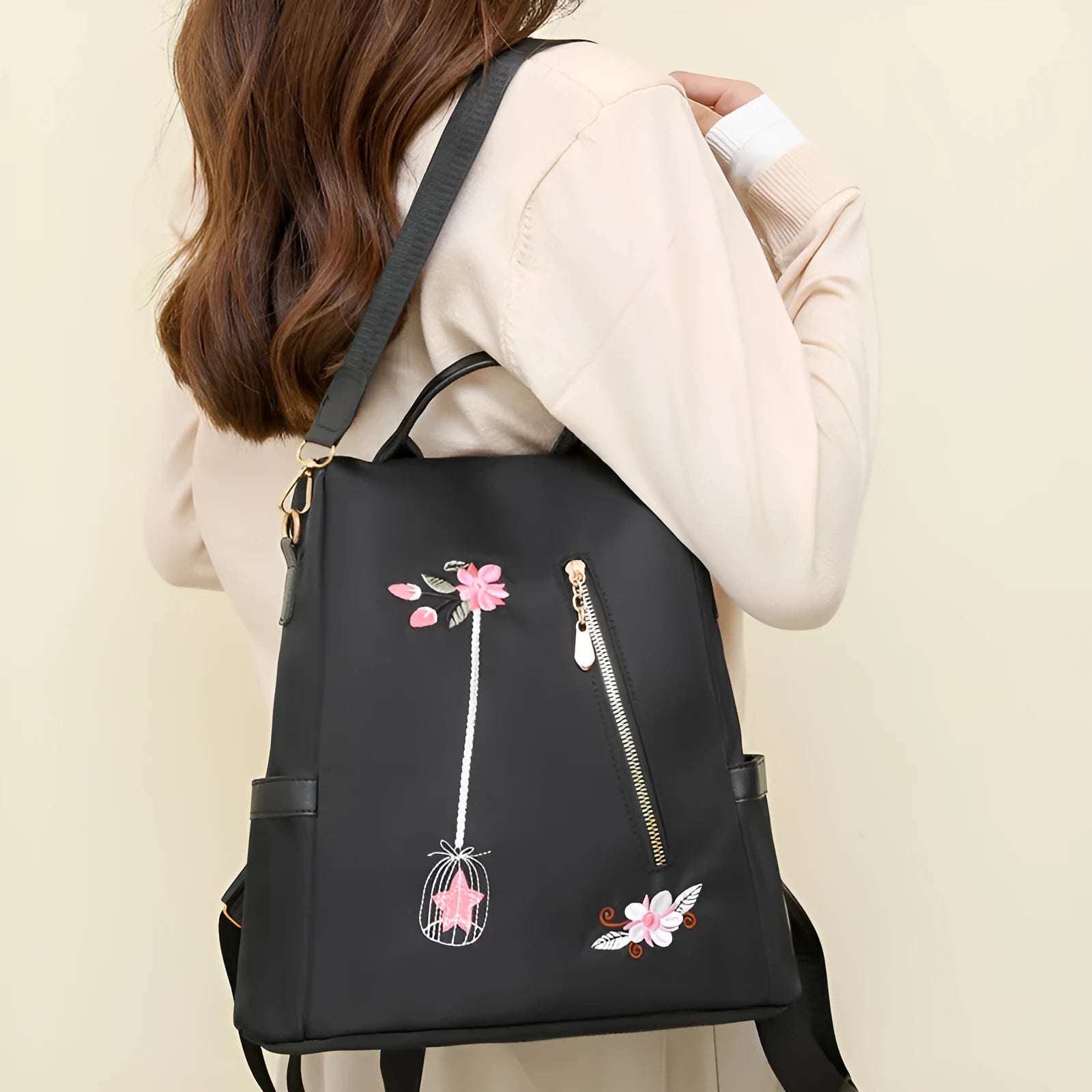 Ethnic style 3D embroidered backpack for women in beige with waterproof Oxford cloth outer and zipper pockets