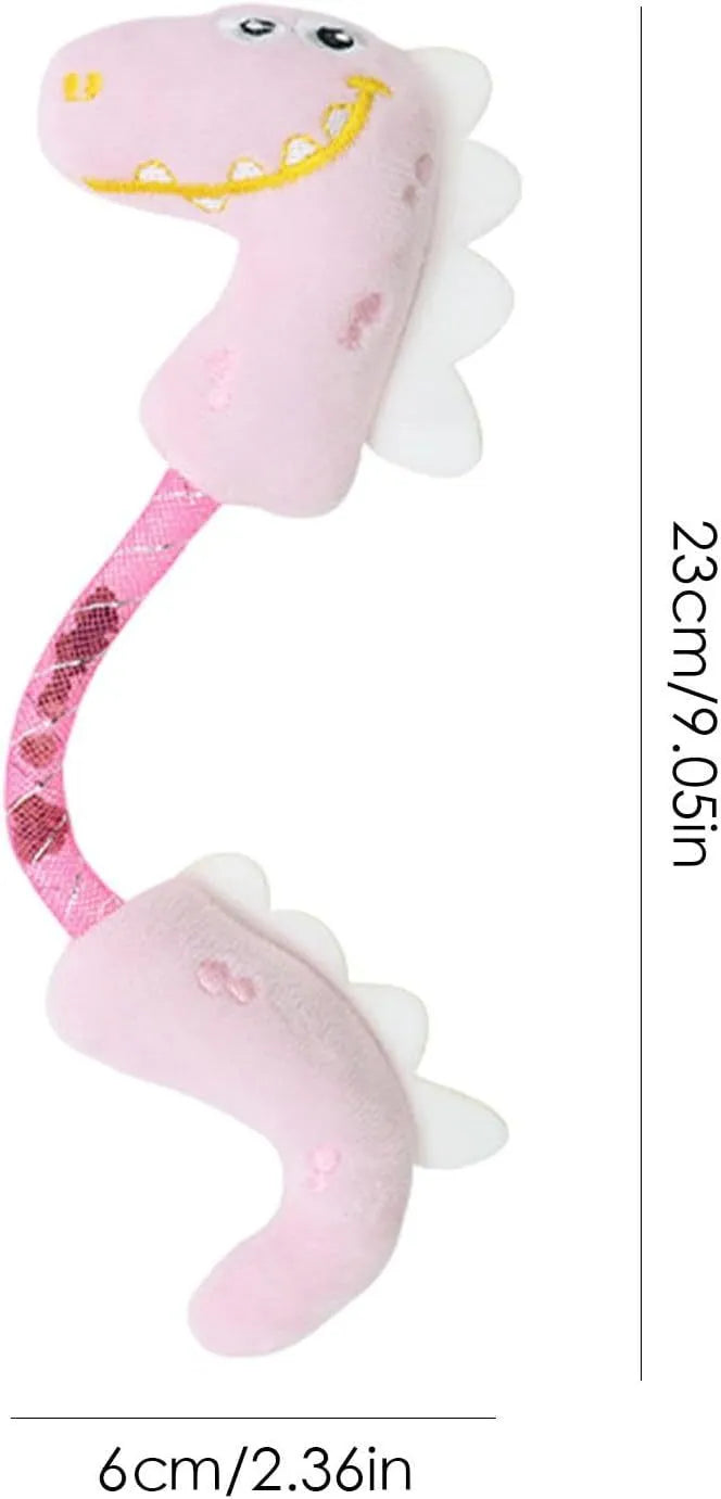 Set of four cat toys including plush, rope, and spring toys in pink, purple, and yellow colours