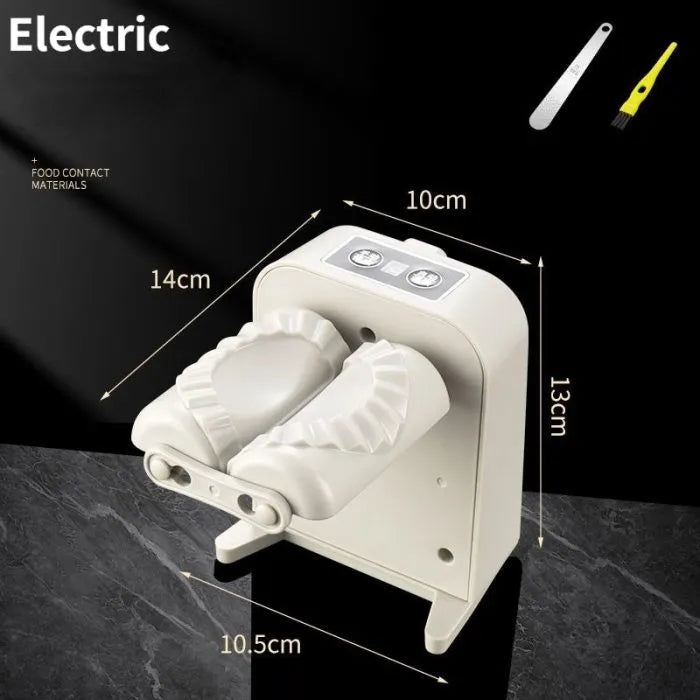 White automatic electric dumpling maker machine with USB cable and accessories on a kitchen counter.