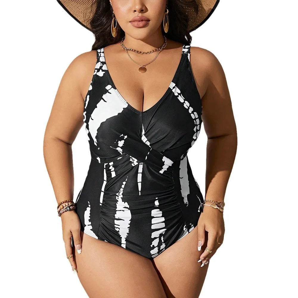 Black one-piece swimsuit with Siamese pattern in extended sizes from 0XL to 5XL