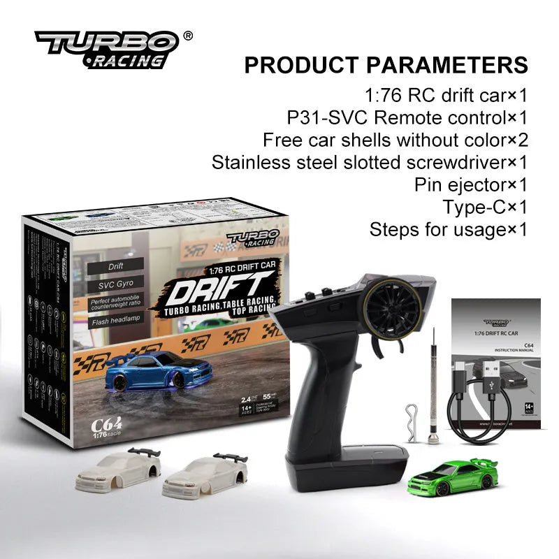 Turbo Racing C64 blue RC drift car with proportional remote control on racing track