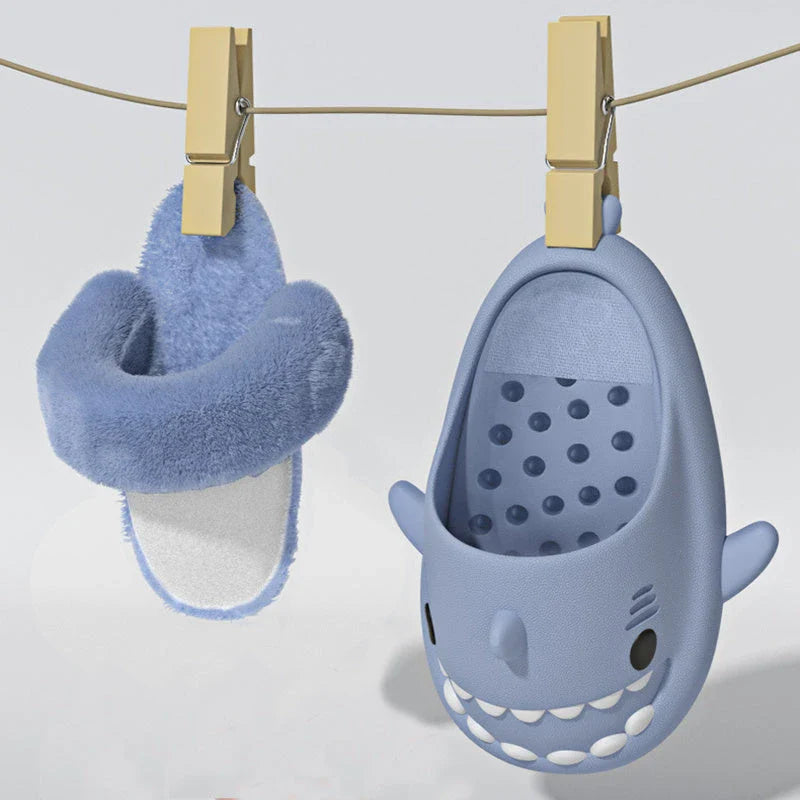 Cozy and stylish shark-themed slippers with plush, fuzzy interior and durable, non-slip outsole for comfortable indoor and outdoor use