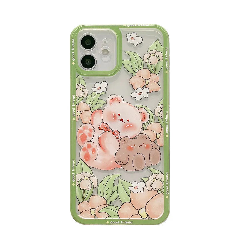Transparent silicone TPU phone case with hand-painted bear and floral design for iPhone models