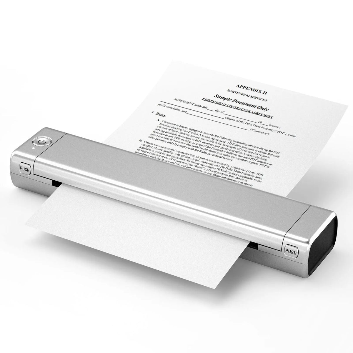 Phomemo M08F portable A4 thermal printer in silver black colour on a desk