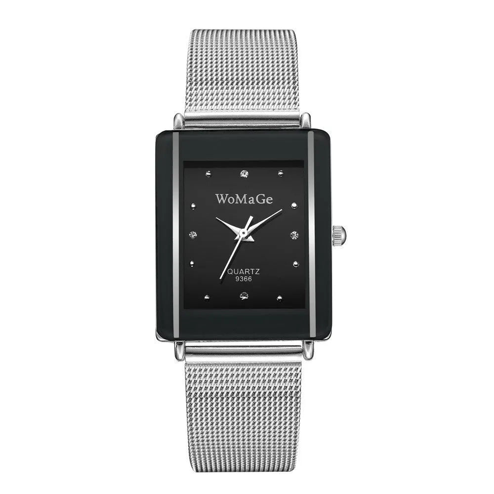 Fashion simple rectangular dial couple watch in white with metal case and glass face