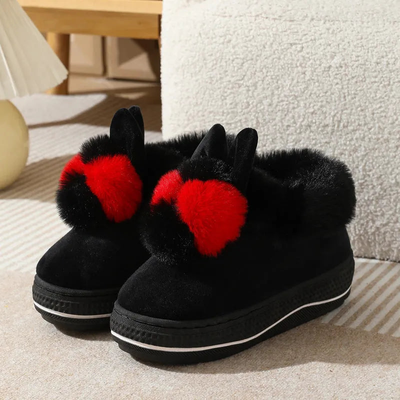 Women's grey plush high-heel winter slippers with a thick, anti-slip TPR sole.