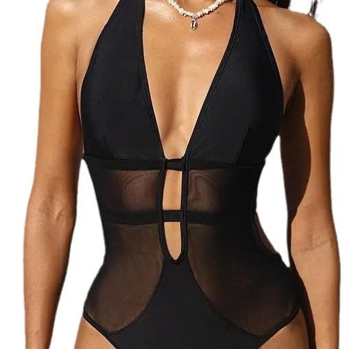 Black women's V-neck one-piece swimsuit with mesh detailing