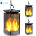 Four black solar-powered hanging torch lights with flame-effect LEDs for outdoor garden decoration.
