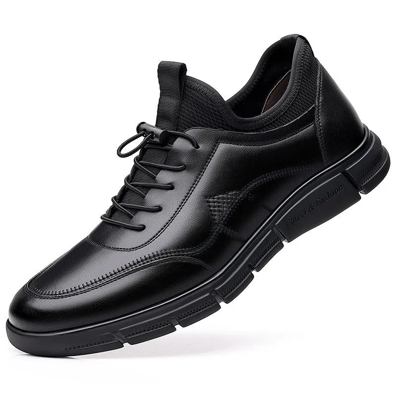 Black men's casual leather slip-on shoes with square low heel and rubber sole
