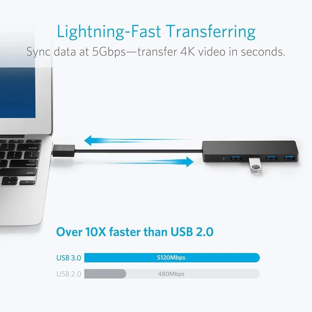 Black USB 3.0 hub with 4 ports, a 30cm cable, and LED activity indicators.