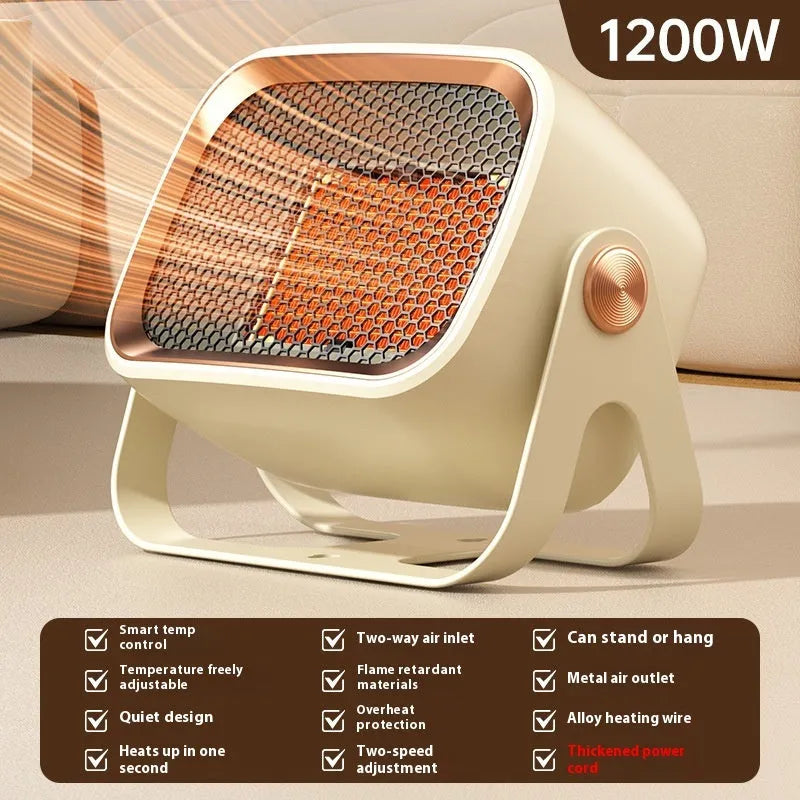 Compact desktop ceramic heater in white, khaki, or gray with rotating body and dual-speed controls