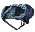 Newborn baby carrier sling in blue plaid fabric with one-shoulder cross-arm strap.