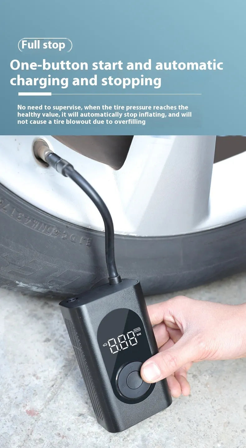 Portable wireless tyre pump with power bank and flashlight functions for multiple vehicles