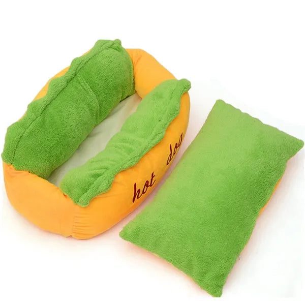 Hot dog shape pet kennel bed with PP cotton filling, short plush surface, removable washable cushion and non-slip bottom