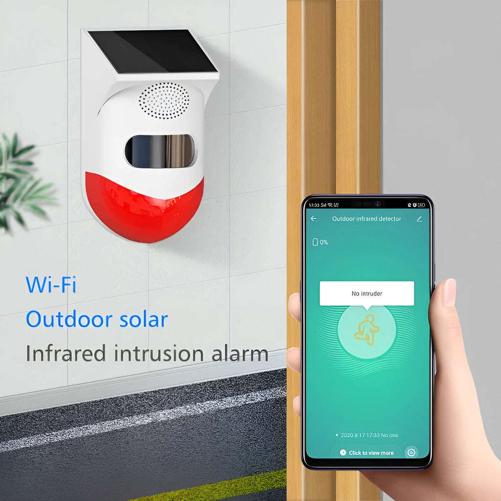 Solar infrared security alarm with remote control for outdoor property protection
