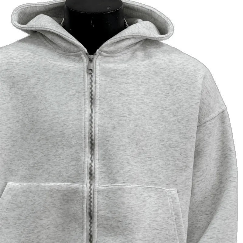 Men's light grey hooded hoodie with schoolbag design, polyester cotton blend fabric, shown front view